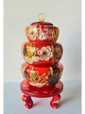 Vintage Asian Red Lucite Stacking Bowls w/Sea Shell & Floral Inlays